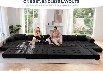 MAXYOYO Modular Sectional Sofa Couch, Foldable Oversized U Shaped Cloud Couch with Pillows, Tufted Boneless Lounger Floor Sofa Bed for Living Room, No Assembly Required, Black