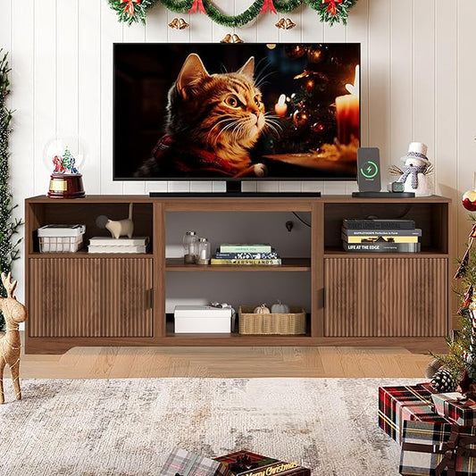 Fluted TV Stand for Tvs up to 80",Mid Century Modern TV Stand with Open Adjustable Shelf,Entertainment Center Wood TV Media Console with Cord Holes for Living Room Furniture Bedroom,Walnut
