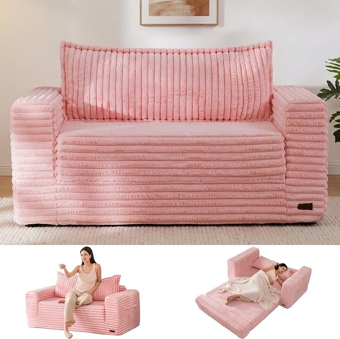 MAXYOYO Convertible Sofa Bed, 2 in 1 Folding Couch Bed for Small Space, Pull Out Loveseat Sofa Couch with Large Back Pillow, Plush Faux Fabric Lounge Couch for Living Room, Apartment, Pink
