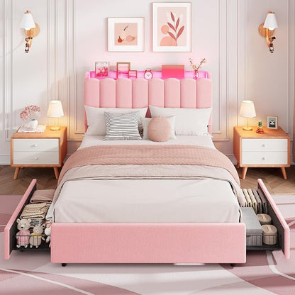 Garvee LED Full Size Bed Frame with Storage Headboard, Kids Bed Frame with 2 Drawers, Boucle Upholstered Platform Bed for Girls, Chic Wavy Headboard with Bookcase, No Box Spring Needed, Pink