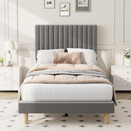 IDEALHOUSE Twin Bed Frame with Adjustable Headboard, Velvet Upholstered Platform Bed Frame Twin Size, Vertical Channel Tufted, Strong Wooden Slats, No Box Spring Needed, Easy Assembly, Grey