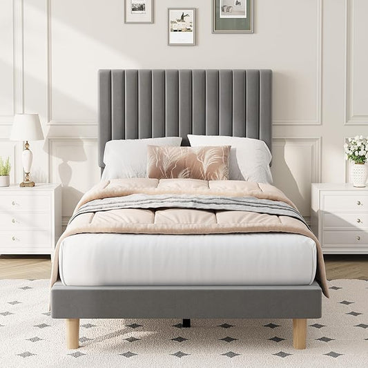 IDEALHOUSE Twin Bed Frame with Adjustable Headboard, Velvet Upholstered Platform Bed Frame Twin Size, Vertical Channel Tufted, Strong Wooden Slats, No Box Spring Needed, Easy Assembly, Grey