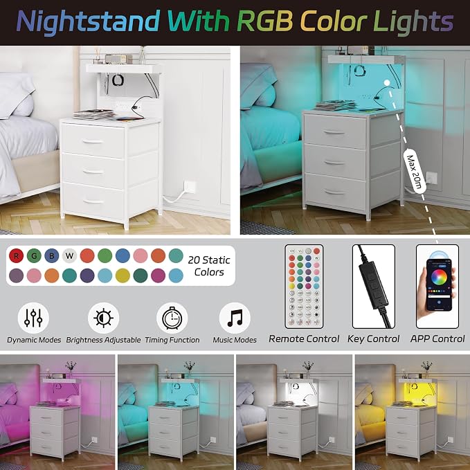 Night Stand with Charging Station Set of 2, LED Nightstand Bedside Table with USB Ports and Outlets, 3 Fabric Drawer End Side Table Night Stand Set 2 for Bedroom with Storage Shelf and 2 Hooks, White