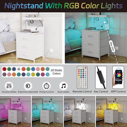 Night Stand with Charging Station Set of 2, LED Nightstand Bedside Table with USB Ports and Outlets, 3 Fabric Drawer End Side Table Night Stand Set 2 for Bedroom with Storage Shelf and 2 Hooks, White