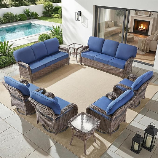 Belord Patio Chairs Set and 3-seat Sofa, Wicker Swivel Rocker Outdoor Chairs for Deck Yard and Poolside, 8 Piece Luxury Patio Furniture Set,Blue