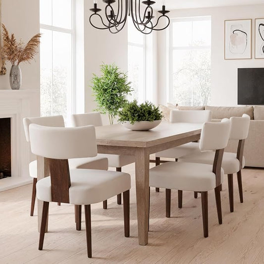 HNY Set of 6 Mid Century Modern Dining Chairs, Farmhouse Velvet Upholstered Accent Chair Curved Backrest Kitchen Chairs, with Hardwood Frame, Cream, Velvet-beige, 6PC