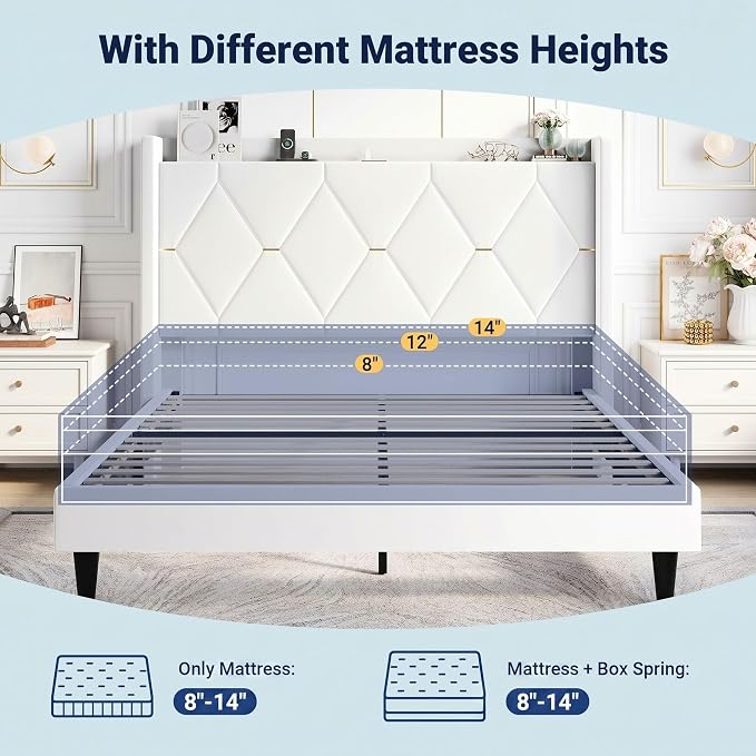 Allewie Velvet Queen Upholstered Bed Frame with Wingback Storage Headboard & Charging Station, Platform Bed with Diamond Tufted Design & Gold Trim, No Box Spring Needed, Easy Assembly, White