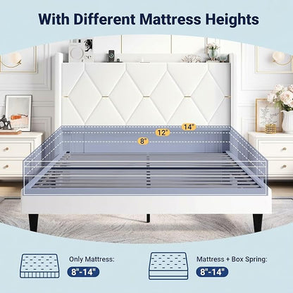 Allewie Velvet Queen Upholstered Bed Frame with Wingback Storage Headboard & Charging Station, Platform Bed with Diamond Tufted Design & Gold Trim, No Box Spring Needed, Easy Assembly, White