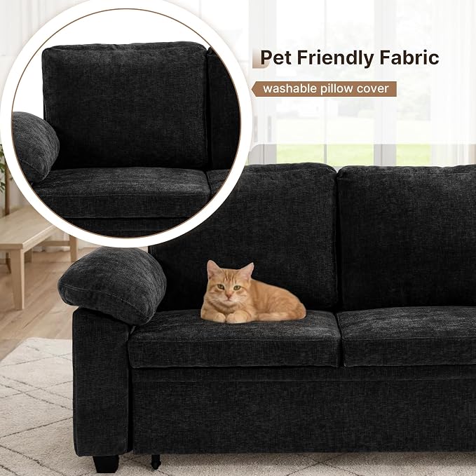 85" Modular Sectional Sofa Bed with Storage, L Shaped Pull Out Couch, Removable Chenille Sofa Cover for Living Room (Black, 5 Seat)