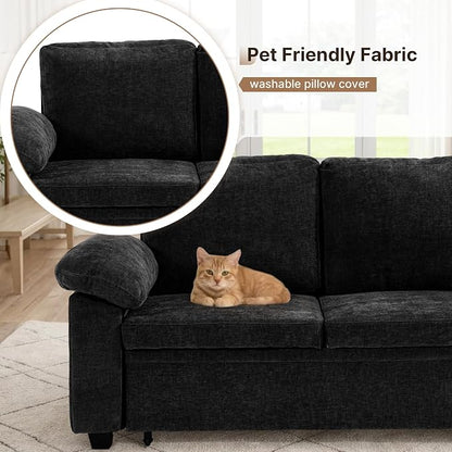85" Modular Sectional Sofa Bed with Storage, L Shaped Pull Out Couch, Removable Chenille Sofa Cover for Living Room (Black, 5 Seat)