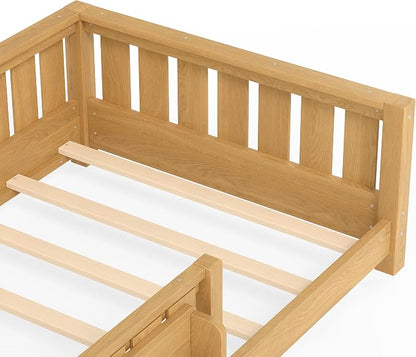 Bellemave Twin Floor Bed with Slats and Safety Guardrail, Twin Size Montessori Floor Bed with Fence and Built-in Bookshelf, Easy Assemble Montessori Beds for Kids, Girls, Boys, Light Natural