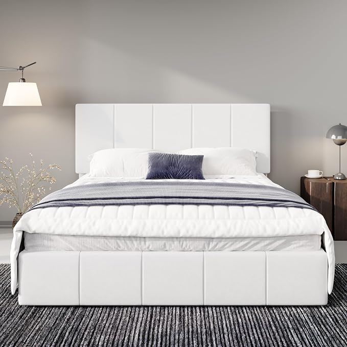 Allewie Queen Size Dutch Velvet Upholstered Platform Bed Frame/Vertical Channel Tufted Adjustable Headboard/Low Profile Bed Frame/No Box Spring Needed/Easy Assembly/White