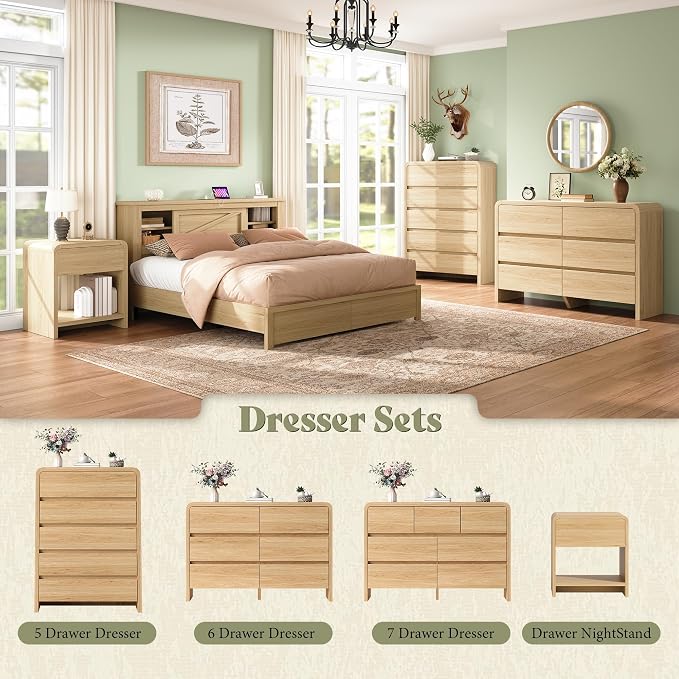 AMERLIFE 7 Drawer Dresser for Bedroom, 49" Wide Modern Chest of Storage Drawers with Rounded Corners, Anti-Tip Kit, Wood Cabinet Organizer for Closet, Living Room, Nursery, Easy Assembly, Light Oak