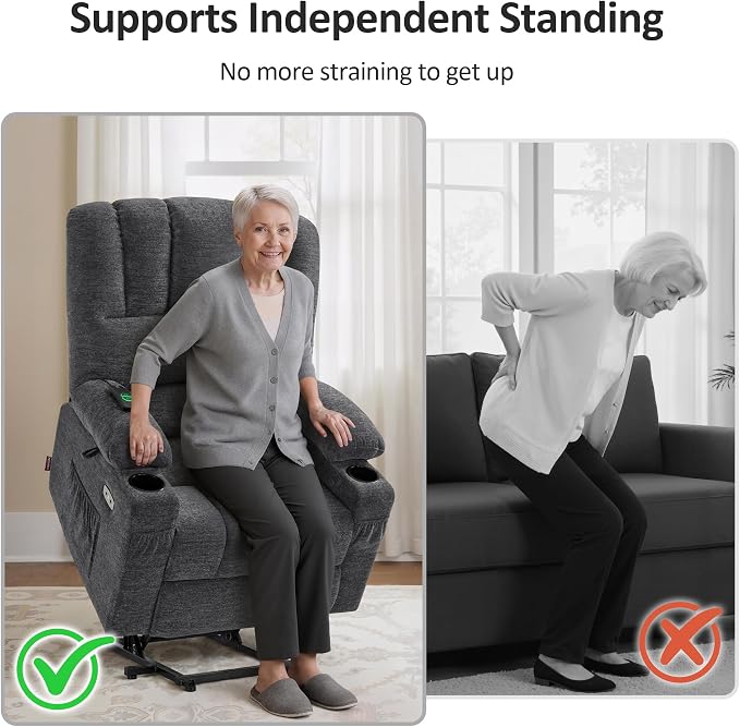 MCombo Power Lift Recliner Chair for Elderly, Lift Chair with Heat and Massage, USB &Type C Ports, Cup Holders, Fabric 7095 (Medium, Dark Grey)