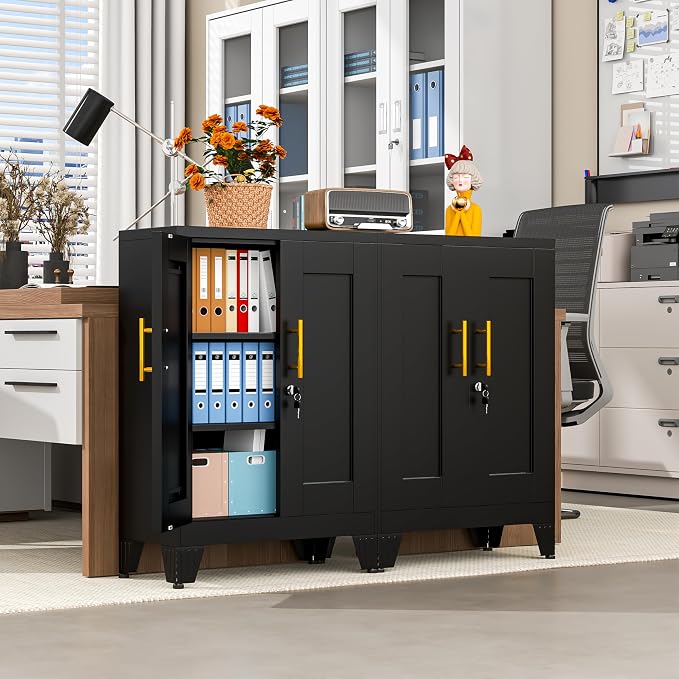 Black Metal Storage Cabinet, 36" Tall Locking Storage Cabinet, 12”D | with 2 Adjustable Shelves, Steel Locker Organizer, Metal Freestanding Buffet Cupboards Sideboard for Office, Home, School,2PS