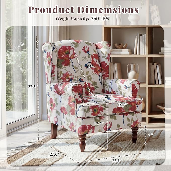 EROMMY Floral Accent Chair, Comfortable High Back Upholstered Armchair with Solid Wood Legs, Leisure Single Sofa Chair for Living Room, Bedroom, Home Office, Pink Floral