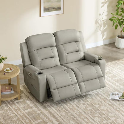 Watson & Whitely Genuine Leather Power Loveseat Recliner Sofa, Lay Flat Loveseat Reclining Sofa with Power Headrest, Cup Holders, USB & Type-C Ports, Dual Recliners for Living Room, Grey
