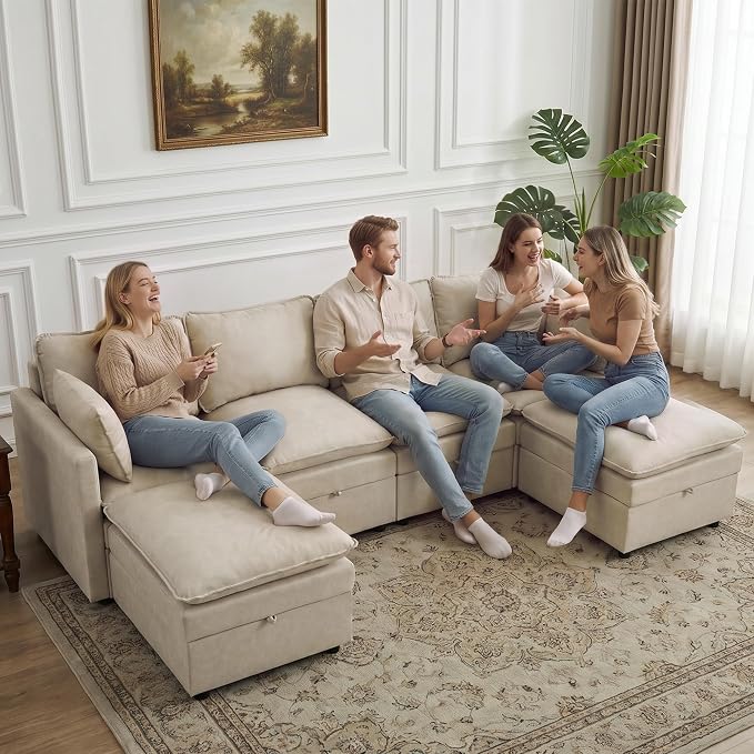 105" Beige Faux Leather Storage 4 Seater Sofa with 2 Ottomans, Comfy Couch | Convertible Modular Sectional Sofa, U Shaped Oversized Couch, Upholstered Large Cloud Couch For Living Room, Apartment.