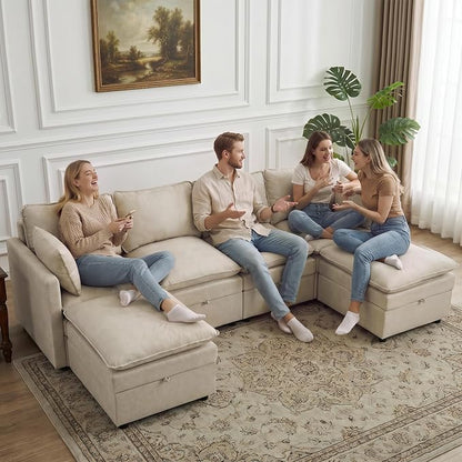 105" Beige Faux Leather Storage 4 Seater Sofa with 2 Ottomans, Comfy Couch | Convertible Modular Sectional Sofa, U Shaped Oversized Couch, Upholstered Large Cloud Couch For Living Room, Apartment.