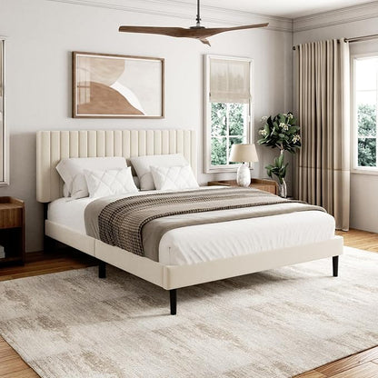 Sismplly Queen Size Bed Frame with Velvet Upholstered Headboard, Platform Bed with Strong Wood Slats, Mattress Foundation, Box Spring Optional, Easy Assembly, Beige