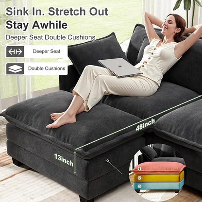 146" Cloud Couch Sectional, U Shaped Modular Sectional Sofa, 4-Seat Deep Seat Couch with 6 Removable Washable Pillows and 2 Ottoman for Living Room, Bedroom, Apartment, Black