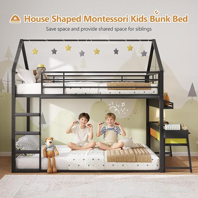 DICTAC Twin Over Twin Low Bunk Bed with Desk and Drawers, Black | Metal House Shaped Low Bunk Bed, 2 Storage Drawers, Bookshelf and Side Pocket, Floor Bunk Bed with 13.4''H Safety Guardrail