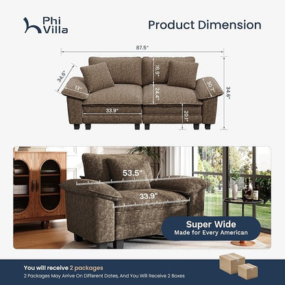 PHI VILLA Indoor Modular Couches Sets, 87.5" Sectional Loveseat Sofa with Upholstered Deep Seat, 2-Seater Comfy Couches for Living Room Bedroom, Chenille Grayish Brown