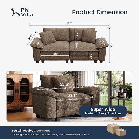 PHI VILLA Indoor Modular Couches Sets, 87.5" Sectional Loveseat Sofa with Upholstered Deep Seat, 2-Seater Comfy Couches for Living Room Bedroom, Chenille Grayish Brown