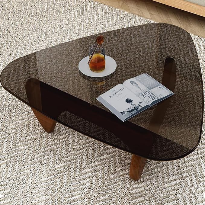 Modern Glass Coffee Table, Mid Century Small Coffee Table, Coffee Table for Living Room,Suitable for Bedroom Living Room Reception Office Tables (Walnut/Grey, Small)