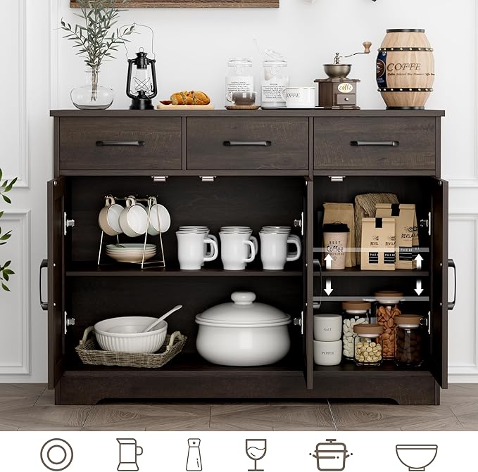 HOSTACK Modern Farmhouse Buffet Sideboard Cabinet, Barn Doors Storage Cabinet with Drawers and Shelves, Wood Coffee Bar with Storage for Dining Room, Kitchen, Living Room, Dark Brown