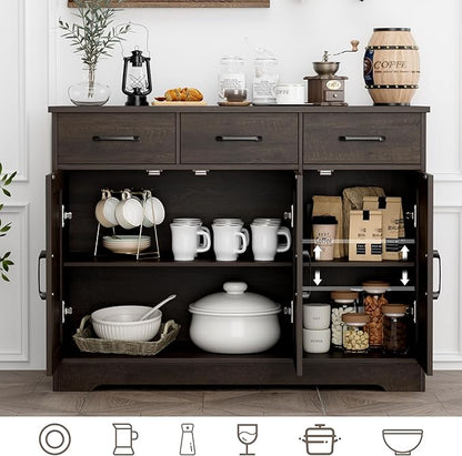 HOSTACK Modern Farmhouse Buffet Sideboard Cabinet, Barn Doors Storage Cabinet with Drawers and Shelves, Wood Coffee Bar with Storage for Dining Room, Kitchen, Living Room, Dark Brown