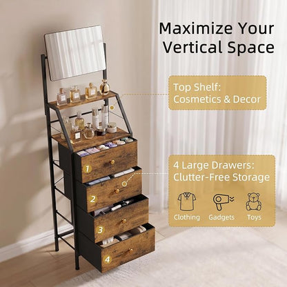 HIGDBFE 4-Drawer Dresser with Mirror, Vanity with 2-Tier Shelves, Fabric Chest of Drawers for Small Space, Vertical Storage Cabinet for Bedroom, Nightstand Bedside Table, Rustic Brown, 15.3" W