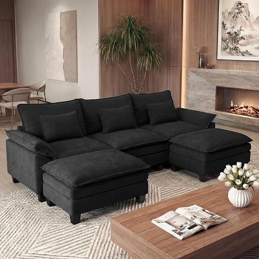 URRED Oversized Modular Sectional Sofa, 122" U Shaped Modern Comfy Cloud Couch with Movable Ottoman & Pillows, Deep Seat Couches for Living Room, Bedroom or Apartment (Corduroy Black, 122" U Shaped)