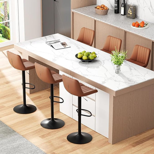 JAMFLY Modern Leather Bar Stools – Swivel & Height-Adjustable Bar Chairs with Footrest, Ergonomic Design for Kitchen Island, Home & Commercial Bar – Set of 6, Brown