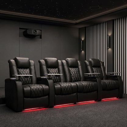 Weilianda Home Theater Seating Top Grain Leather Zero Gravity Recliner Chair Power Headrest Recline Movie Seat Gaming 7 Colors Mood Light Sofa with Tray Table USB Charge Row of 4 Loveseat Middle Black