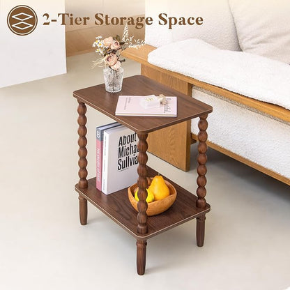 Fultyle Small Side Table, Walnut End Table with 2-Tier Shelf, Vintage Nightstand Coffee Table for Bedroom, Living Room, Small Spaces (Walnut Brown)