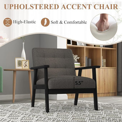 Westice Accent Chair 1PC, Mid-Century Modern Living Room Chairs with Solid Wood Frame & Soft Thicken Cushion, Upholstered Arm Reading Chair for Bedroom, Balcony, Grey Linen Fabric & Black Legs