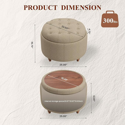 25Inch Round Ottoman with Storage, Tufted Fabric Modern Circle Ottoman with Reversible Tray Lid and Wood Legs, Multi-Functional Small Coffee Table for Living Room, Bedroom, Coffee