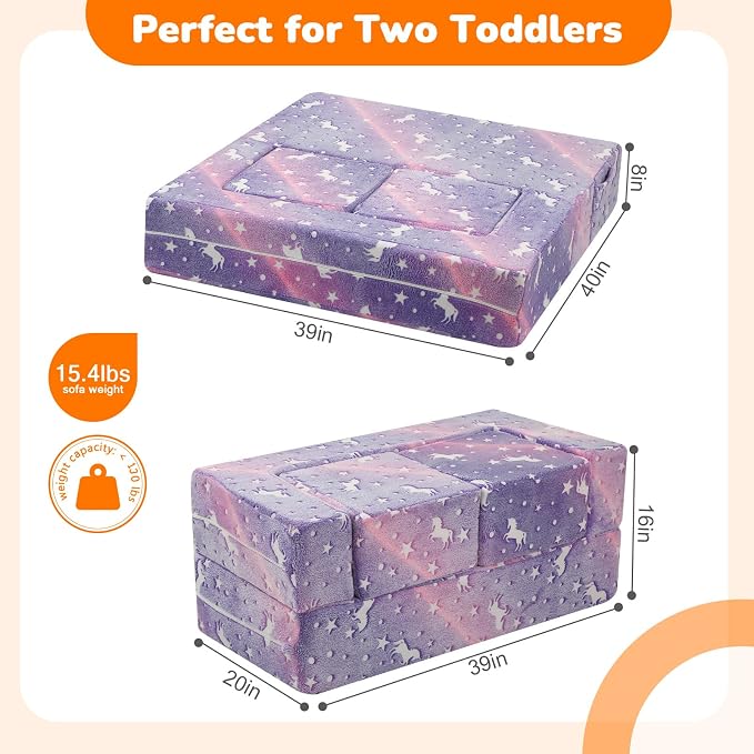 MeMoreCool Unicorn Modular Kids Couch, Glow Rainbow Play Toddler Couch for Bedroom, Convertible Foam Kids Sofa Bed, Fold Out Baby Sofa for Girl Boy, Purple
