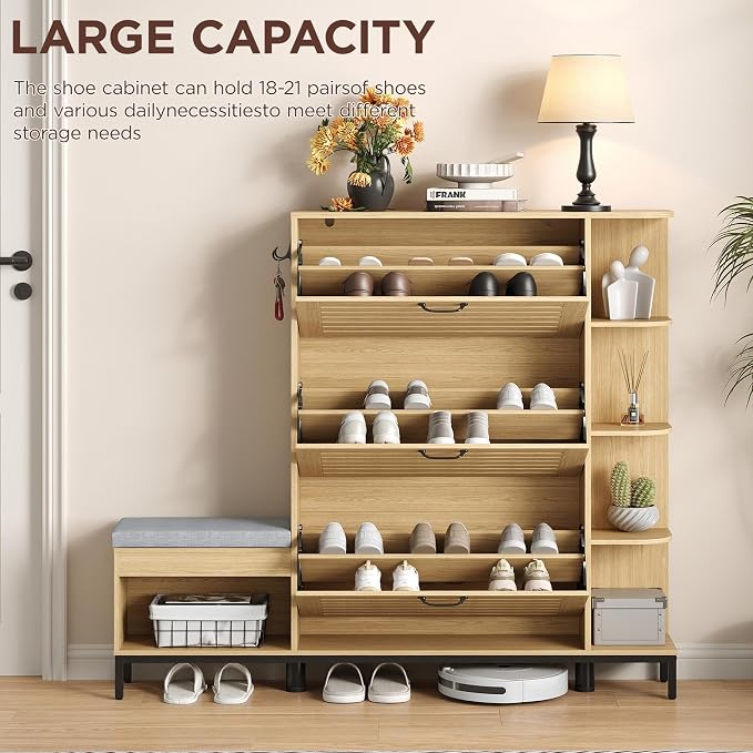 Maupvit Narrow Shoe Cabinet with Bench for Entryway, 3 Flip Louvered Doors & Side Storage Cabinet, 44" H Shoes Organizer with Upholstered Seat & Hooks for Front Door Entrance, Natural Oak