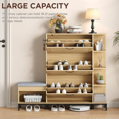 Maupvit Narrow Shoe Cabinet with Bench for Entryway, 3 Flip Louvered Doors & Side Storage Cabinet, 44" H Shoes Organizer with Upholstered Seat & Hooks for Front Door Entrance, Natural Oak