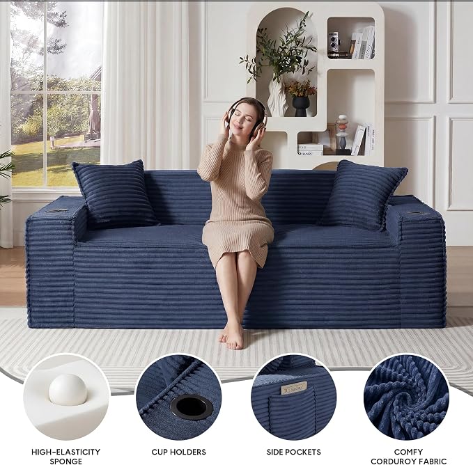 Boneless Sectional Sofa Couch with Cup Holders & Side Pockets, Modern Corduroy Fabric Deep Seat 3-seat Cloud Couch for Living Room Office, No Assembly (Blue)