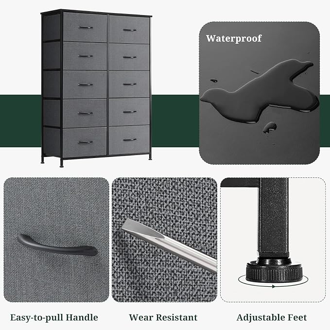 10-Drawer Dresser for Bedroom, Anti-Tip Tall Storage Organizer Chest of Drawers with Wooden Top and Metal Frame Fabric Bins for Closet, Living Room, Hallway, Entryway, Gray