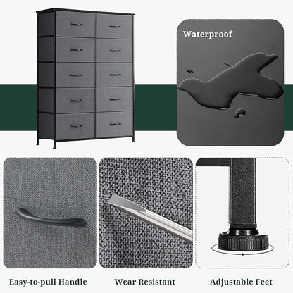 10-Drawer Dresser for Bedroom, Anti-Tip Tall Storage Organizer Chest of Drawers with Wooden Top and Metal Frame Fabric Bins for Closet, Living Room, Hallway, Entryway, Gray