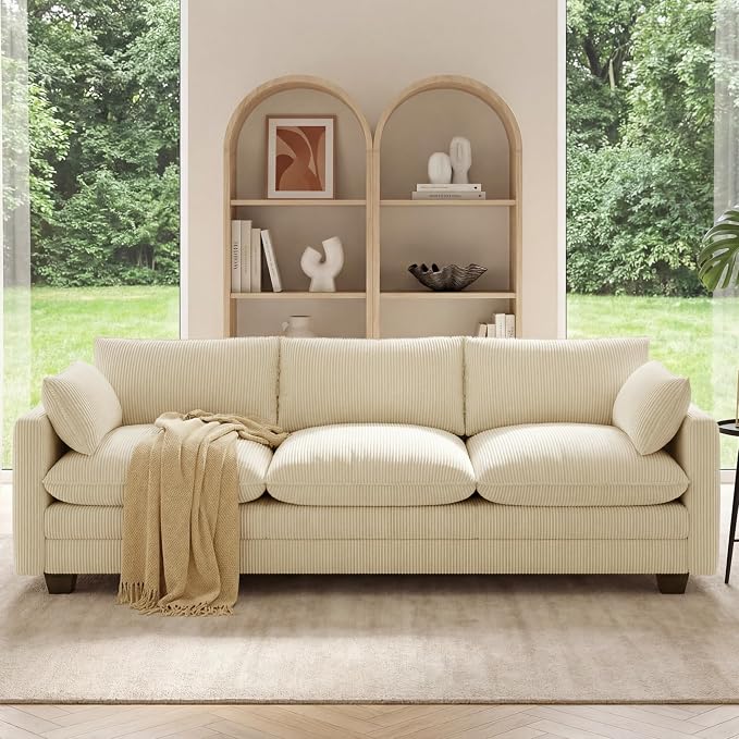 Gizoon 3 Seater Couches for Living Room, Cloud Sleeper Sofa with Double Cushion Corduroy Deep Seat Sofa Couches with 2 Pillows for Living Room Bedroom and Apartment,Pet-Friendly Fabric, Beige