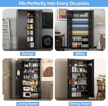 SUXXAN Metal Storage Cabinet with Pegboard 71'' x 34'' x 18'',Lockable Steel Storage Cabinet with 5 Adjustable Shelves and Door for Garage, Office, Kitchen, Assembly Required(Black)