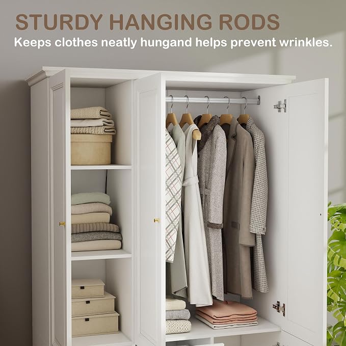 Armoire Wardrobe Closet with Drawers: 74" White Wardrobe Closet with 3 Doors, Tall Bedroom Armoires for Clothes, Wood Closets Cabinet for Hanging Clothes (47")