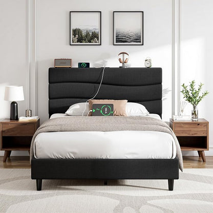 EnHomee Twin Size Bed Frame with Upholstered Headboard,Adjustable Height Platform Bed,Charging Station,No Box Spring Needed,Easy Assembly,Noise-Free Black