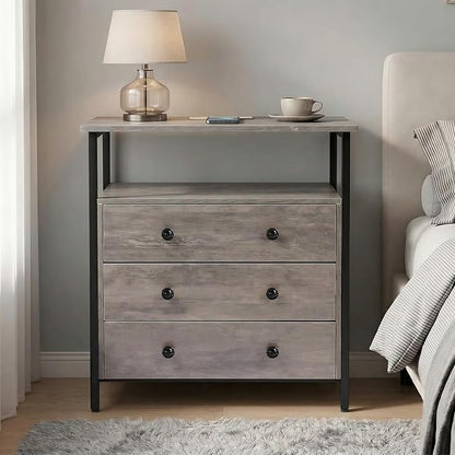 Edbuosy 3 Wooden Drawers Night Stand, 27 Inch Wide Nightstand Set 2 with Charging Station and Adjustable Drawers, Small Dresser for Closet, Bedside Table for Living Room/Bedroom/Office, Rustic Gray