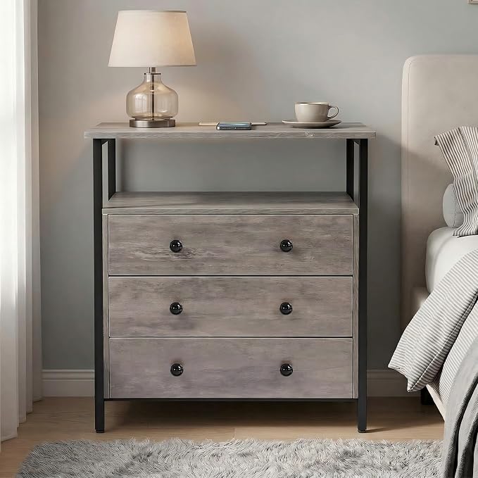 Edbuosy 3 Wooden Drawers Night Stand, 27 Inch Wide Nightstand with Charging Station and Adjustable Drawers, Small Dresser for Closet, Bedside Table for Living Room/Bedroom/Office, Rustic Gray